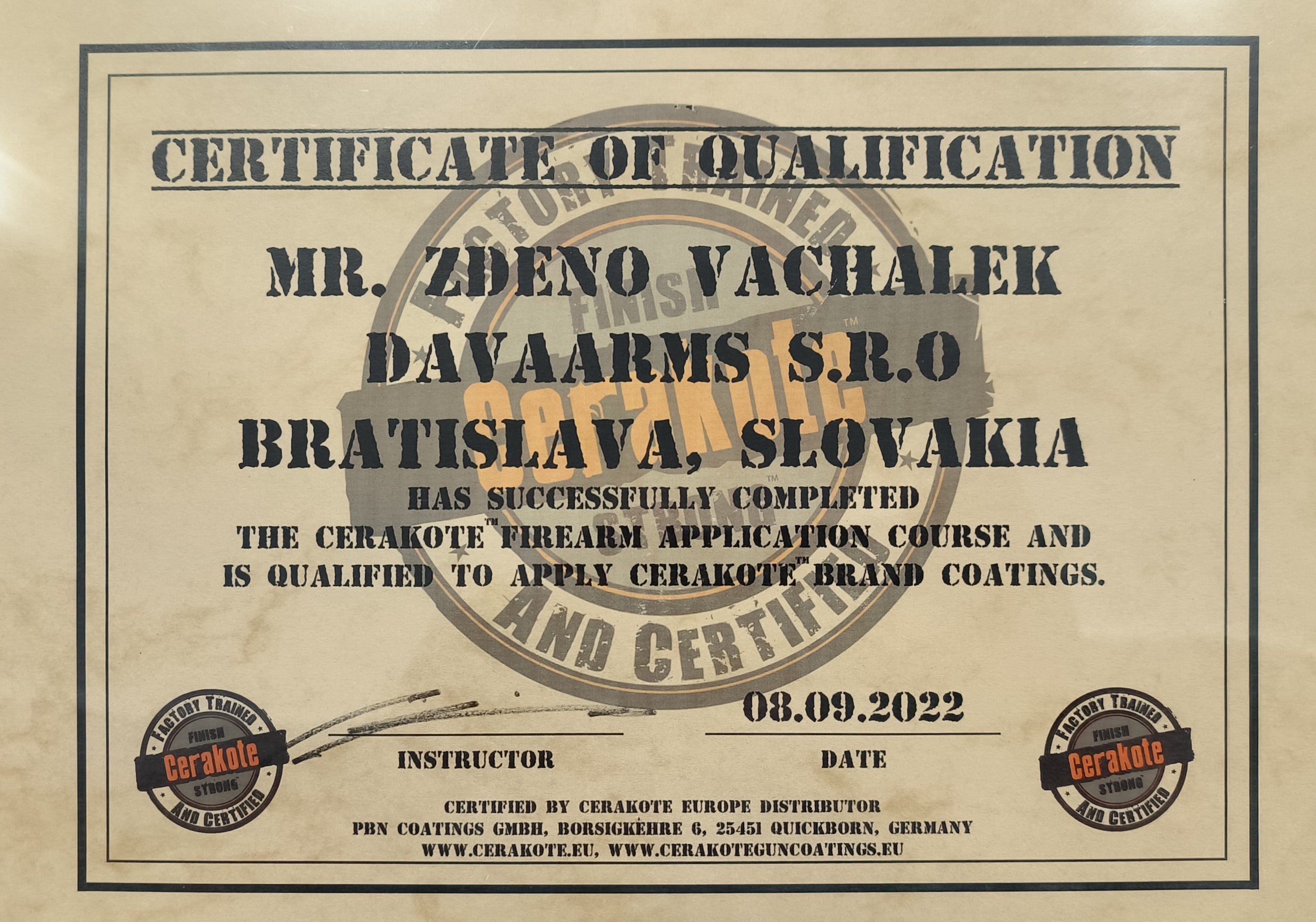 Certifikát Cerakote